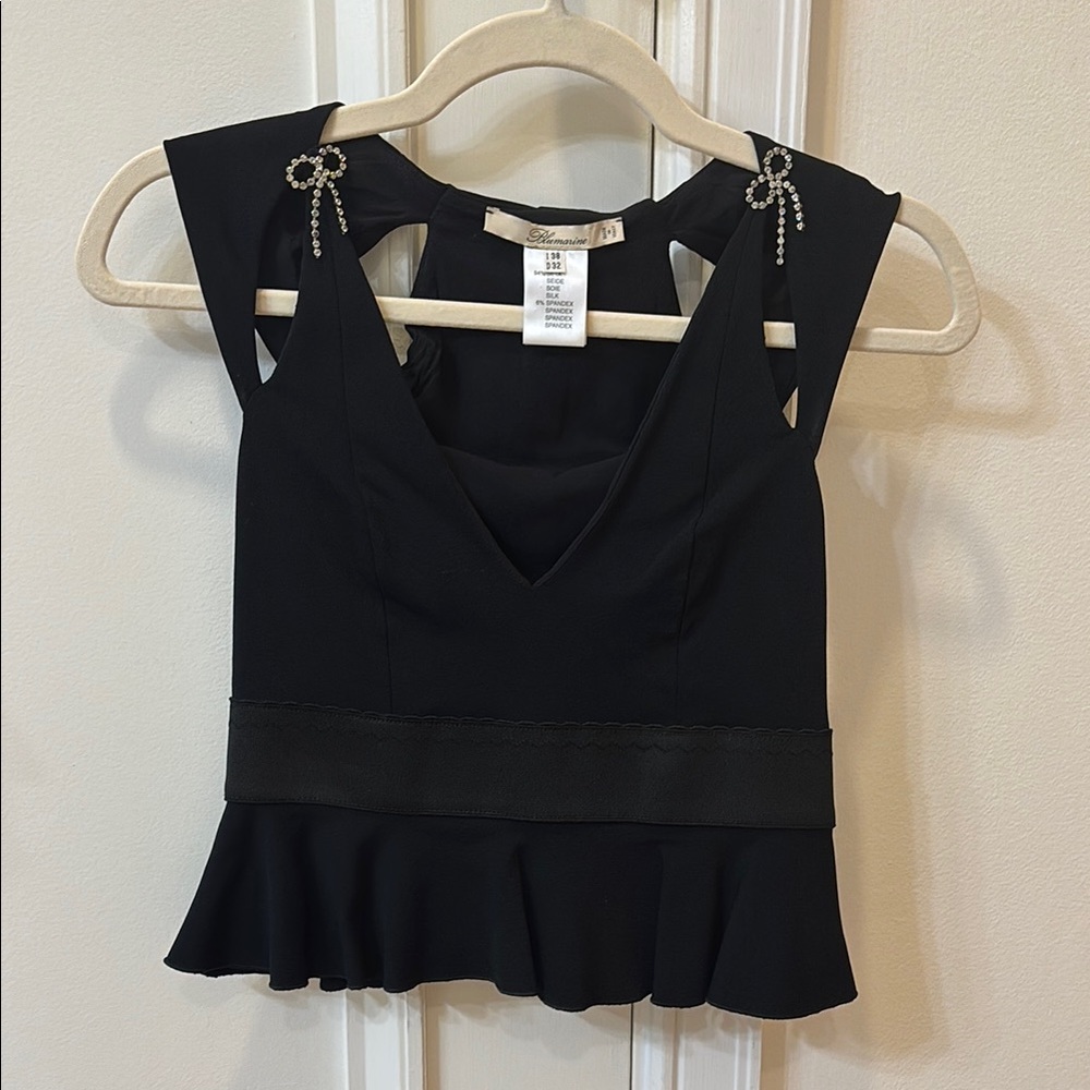 Vintage Parisian Blumarine Black Cut Out Peplum Rhinestone Bow Plunging V Top